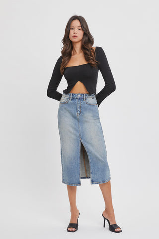 High Rise Midi Denim Skirt