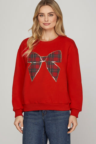 Plaid Bow Sweater-Red