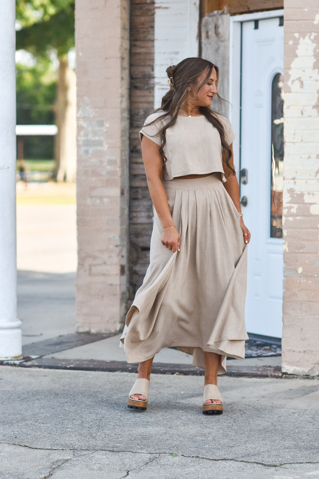 Linen Khaki Skirt Set