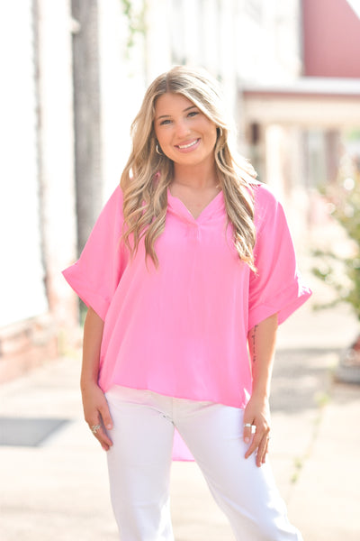 Collared Hi-Low Top - Candy Pink
