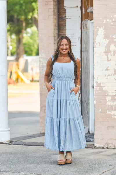 Washed Tiered Chambray Dress