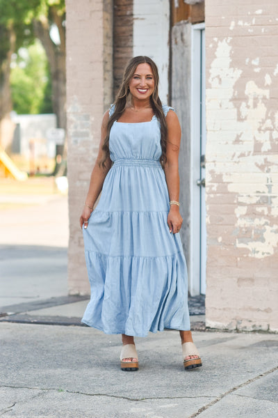 Washed Tiered Chambray Dress