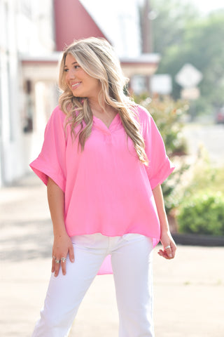Collared Hi-Low Top - Candy Pink