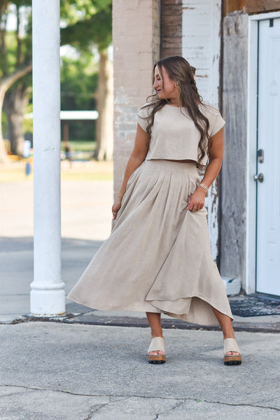 Linen Khaki Skirt Set