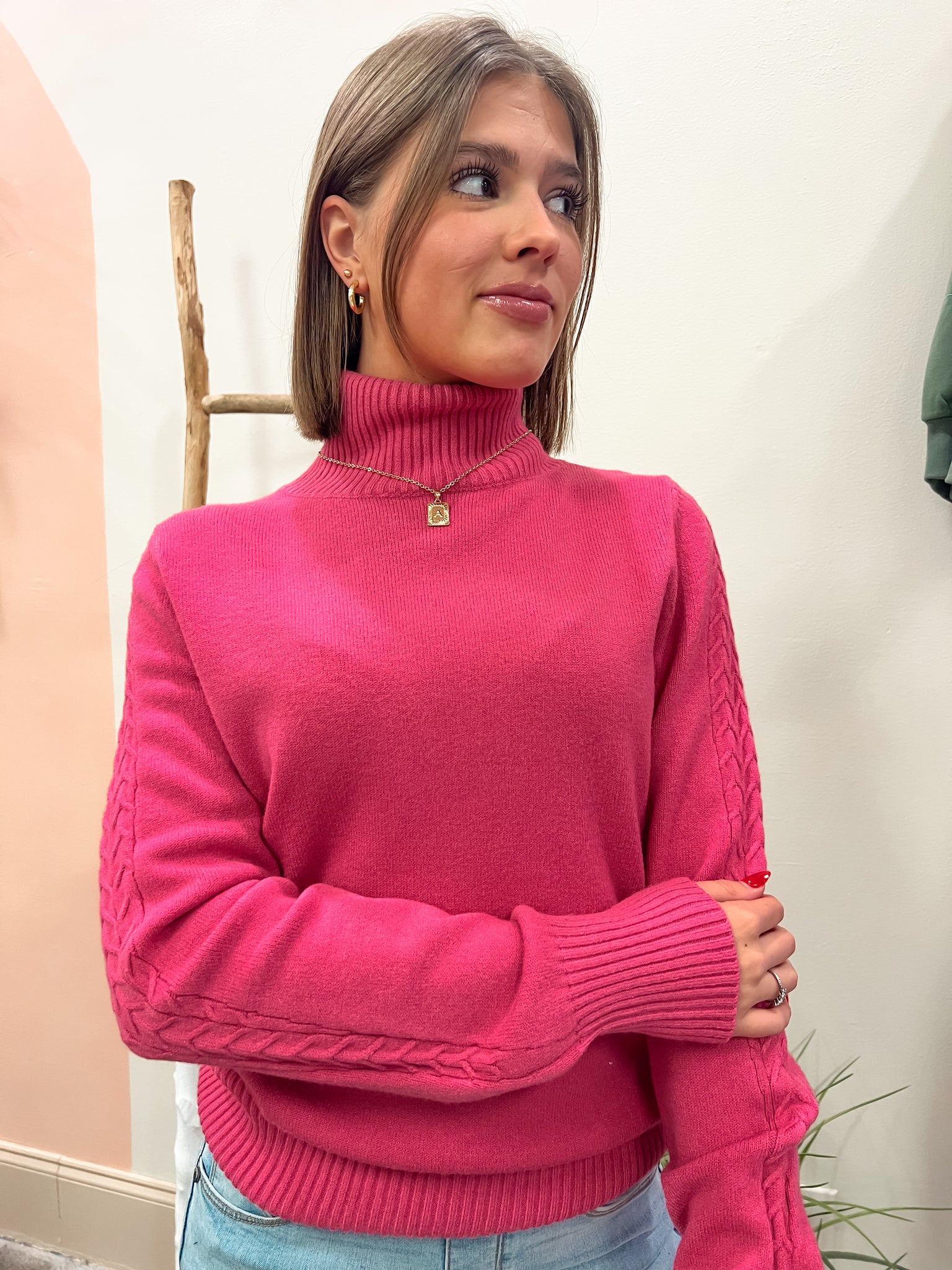 Cable Trim Turtleneck - Raspberry