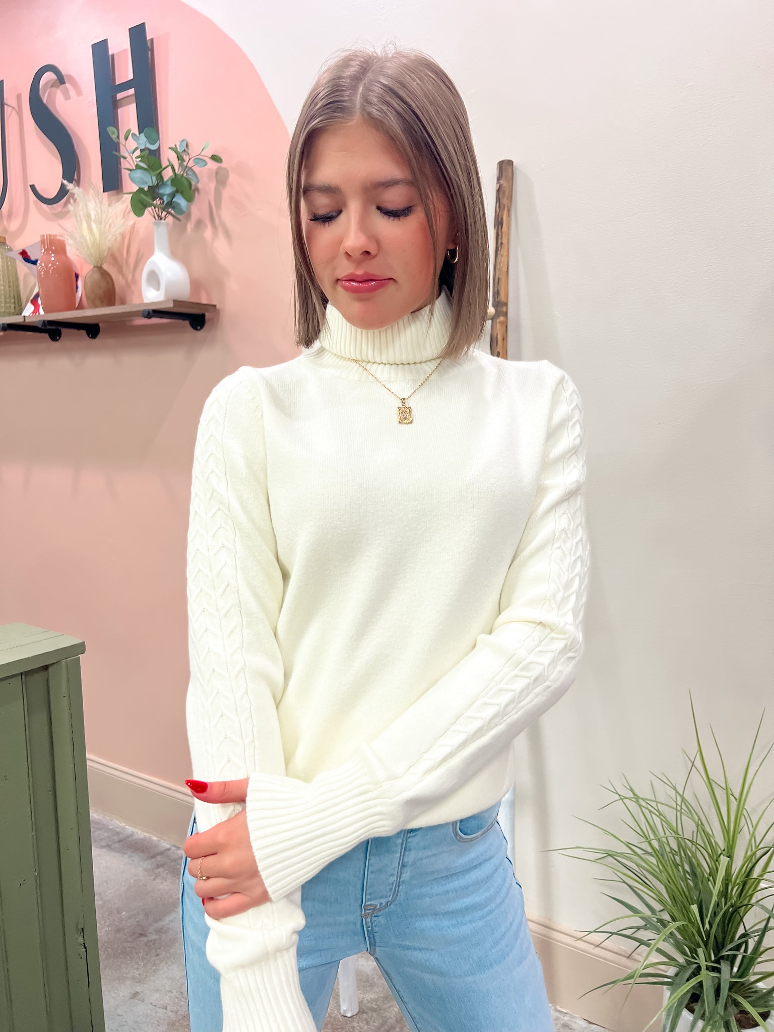 Cable Trim Turtleneck - Ivory