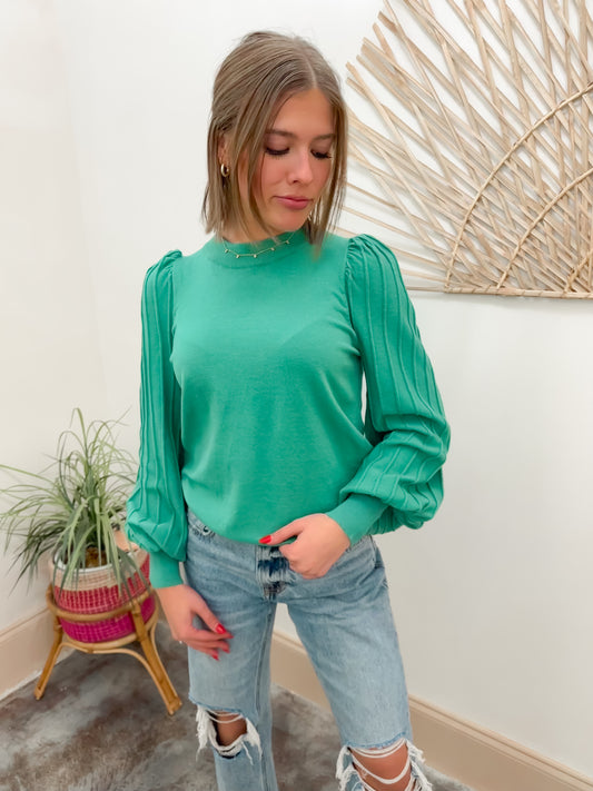 Pleated Puff Sweater- Jade