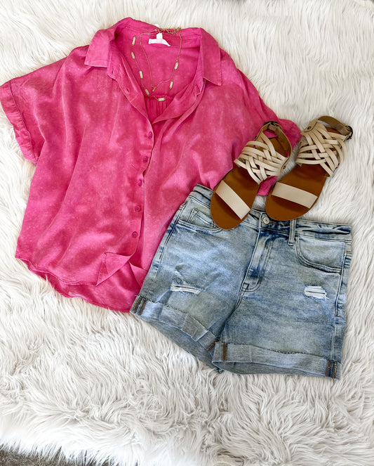 Garment Dye Button Down- Hot Pink