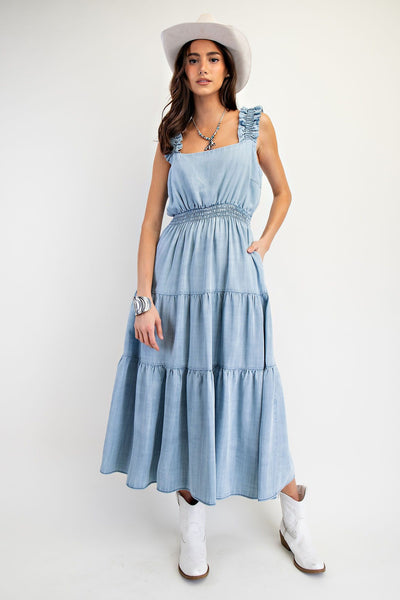 Washed Tiered Chambray Dress