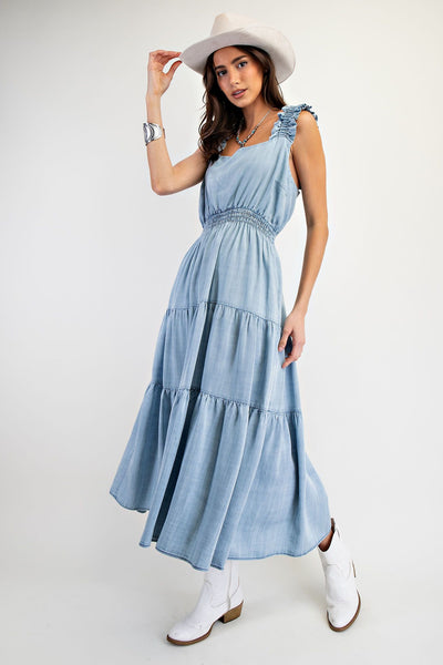 Washed Tiered Chambray Dress