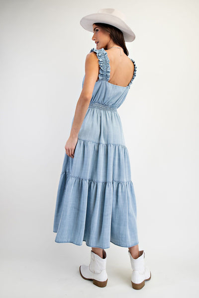 Washed Tiered Chambray Dress