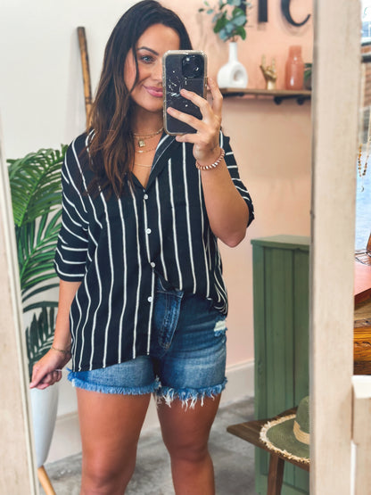 Black Striped Button Up